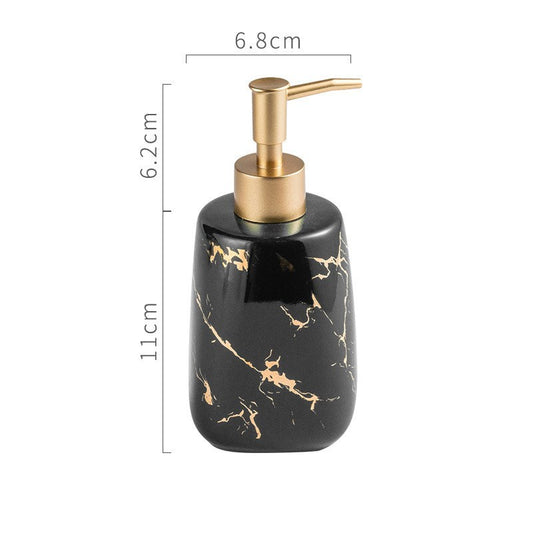 Ceramic Soap Dispenser, Toothbrush Holder, Tumbler, Soap Dish, Cotton Swab Jar & Tray – Modern Matte Black/Gold Marble Design"