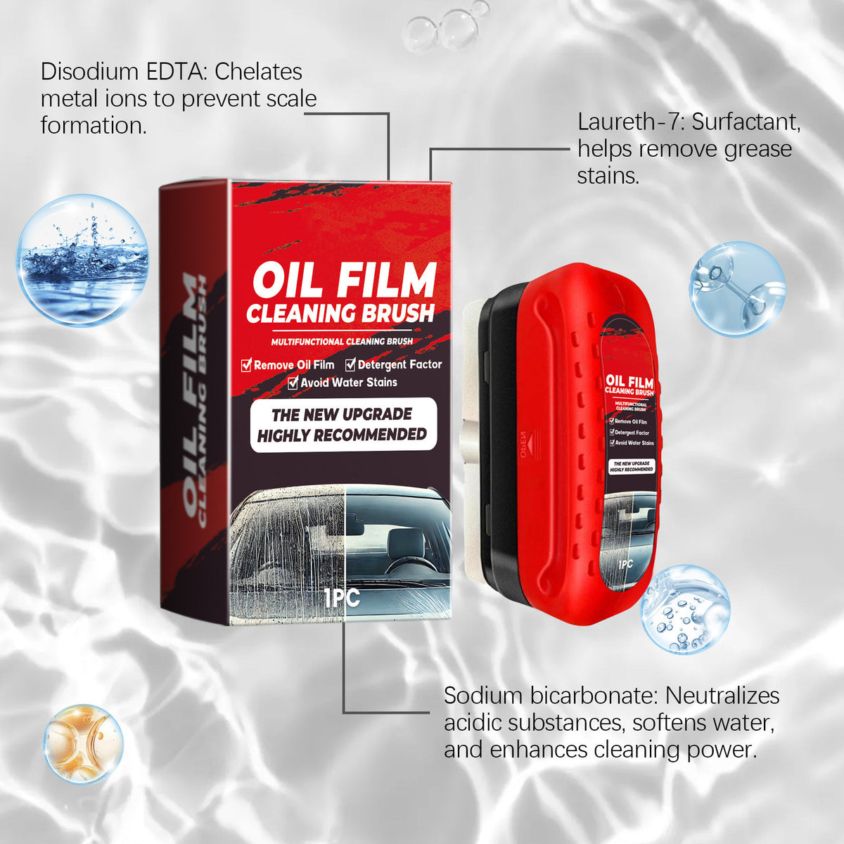 Car Glass Oil Film Cleaner with Integrated Liquid Brush – Anti-Fog + Rain Repellent
