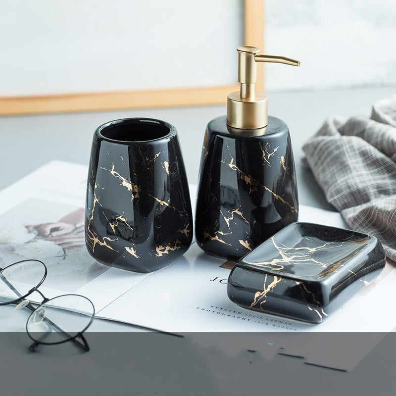 Ceramic Soap Dispenser, Toothbrush Holder, Tumbler, Soap Dish, Cotton Swab Jar & Tray – Modern Matte Black/Gold Marble Design"