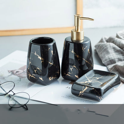 Ceramic Soap Dispenser, Toothbrush Holder, Tumbler, Soap Dish, Cotton Swab Jar & Tray – Modern Matte Black/Gold Marble Design"