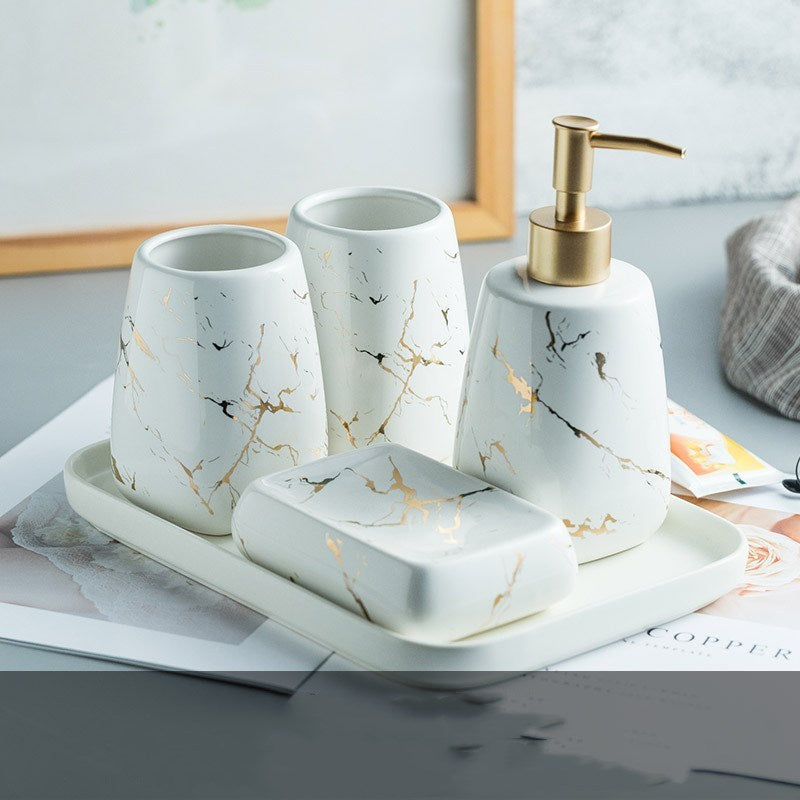 Ceramic Soap Dispenser, Toothbrush Holder, Tumbler, Soap Dish, Cotton Swab Jar & Tray – Modern Matte Black/Gold Marble Design"