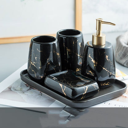Ceramic Soap Dispenser, Toothbrush Holder, Tumbler, Soap Dish, Cotton Swab Jar & Tray – Modern Matte Black/Gold Marble Design"