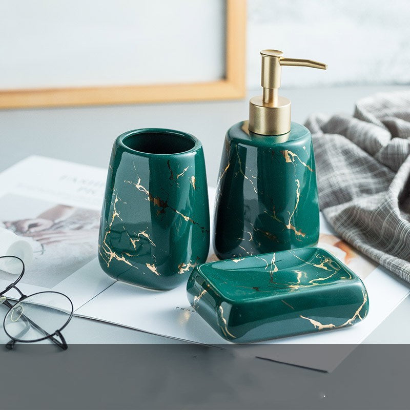 Ceramic Soap Dispenser, Toothbrush Holder, Tumbler, Soap Dish, Cotton Swab Jar & Tray – Modern Matte Black/Gold Marble Design"