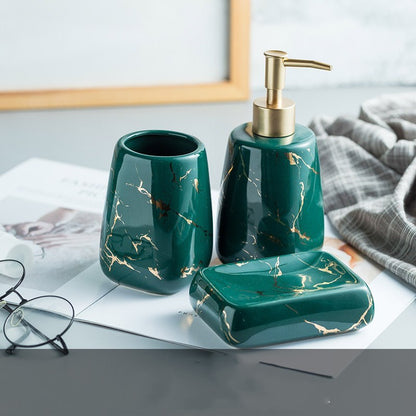 Ceramic Soap Dispenser, Toothbrush Holder, Tumbler, Soap Dish, Cotton Swab Jar & Tray – Modern Matte Black/Gold Marble Design"