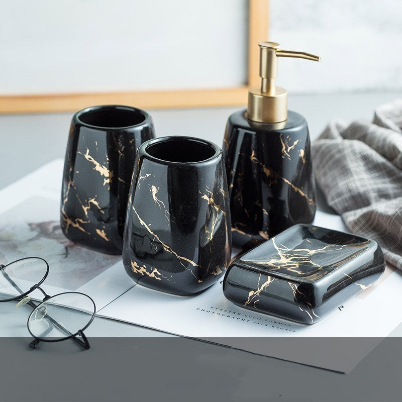 Ceramic Soap Dispenser, Toothbrush Holder, Tumbler, Soap Dish, Cotton Swab Jar & Tray – Modern Matte Black/Gold Marble Design"