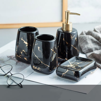 Ceramic Soap Dispenser, Toothbrush Holder, Tumbler, Soap Dish, Cotton Swab Jar & Tray – Modern Matte Black/Gold Marble Design"