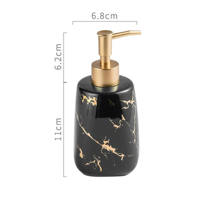 Ceramic Soap Dispenser, Toothbrush Holder, Tumbler, Soap Dish, Cotton Swab Jar & Tray – Modern Matte Black/Gold Marble Design"