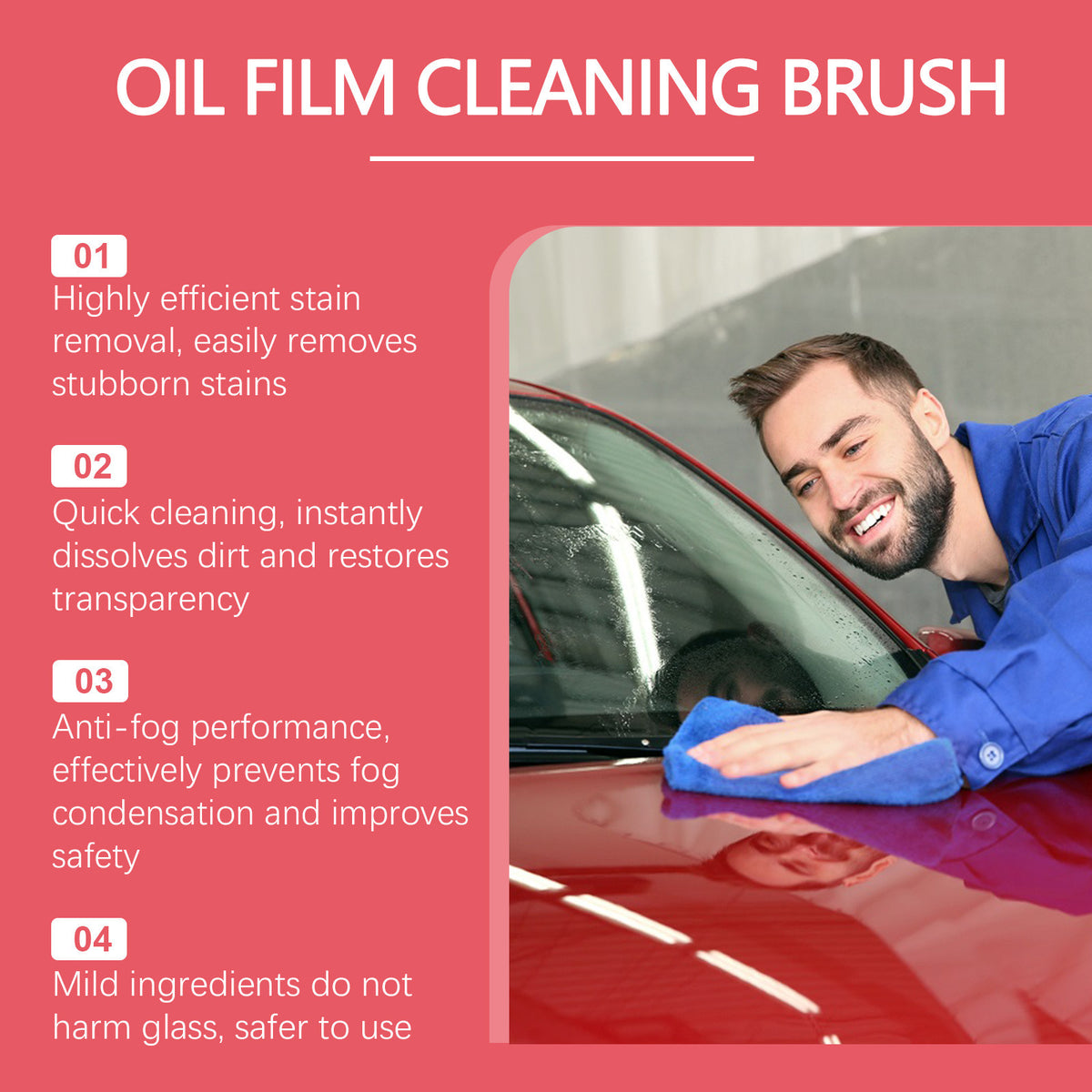 Car Glass Oil Film Cleaner with Integrated Liquid Brush – Anti-Fog + Rain Repellent