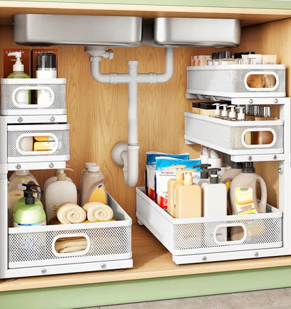 Metal Adjustable Height Two-Tier Drawer Kitchen Bathroom Under Sink Storage Rack