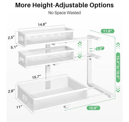 Metal Adjustable Height Two-Tier Drawer Kitchen Bathroom Under Sink Storage Rack