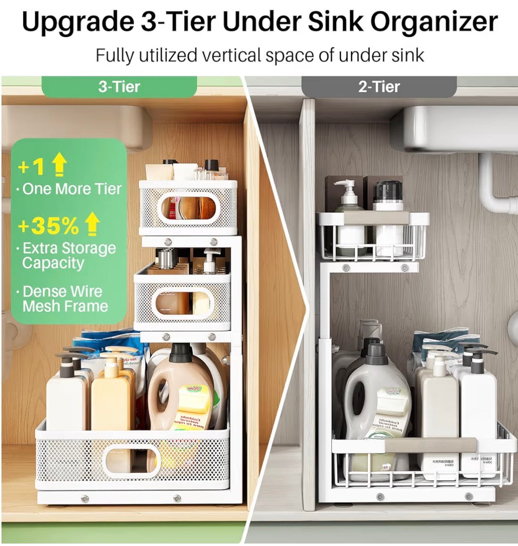Metal Adjustable Height Two-Tier Drawer Kitchen Bathroom Under Sink Storage Rack