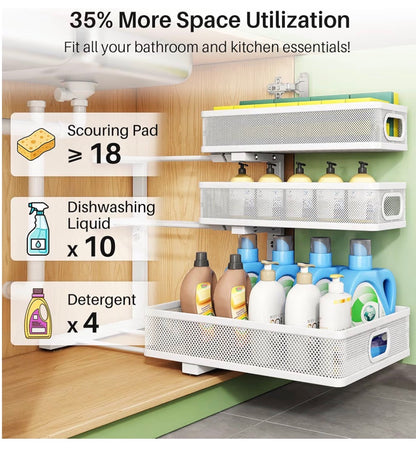 Metal Adjustable Height Two-Tier Drawer Kitchen Bathroom Under Sink Storage Rack