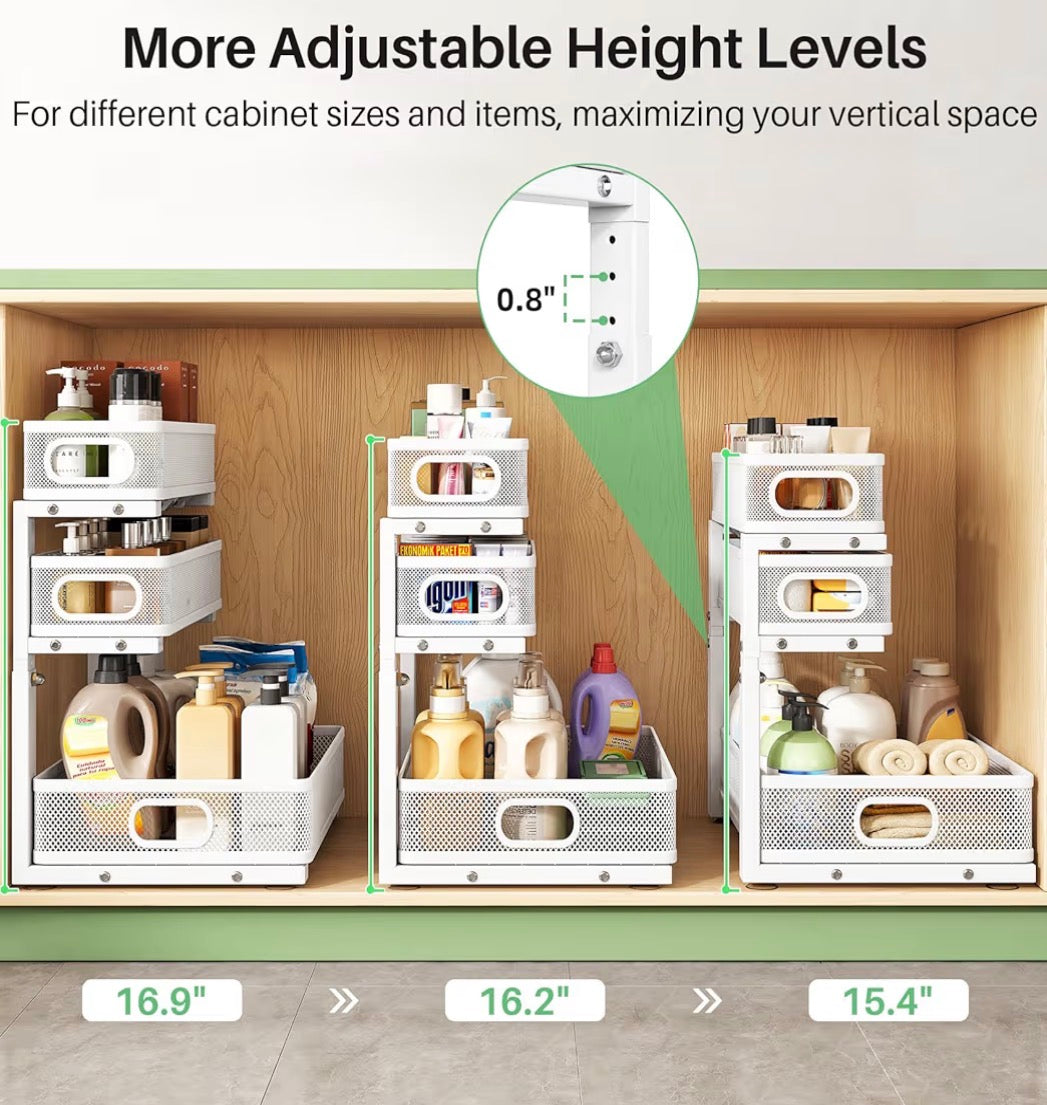 Metal Adjustable Height Two-Tier Drawer Kitchen Bathroom Under Sink Storage Rack