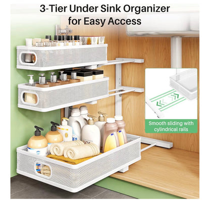 Metal Adjustable Height Two-Tier Drawer Kitchen Bathroom Under Sink Storage Rack