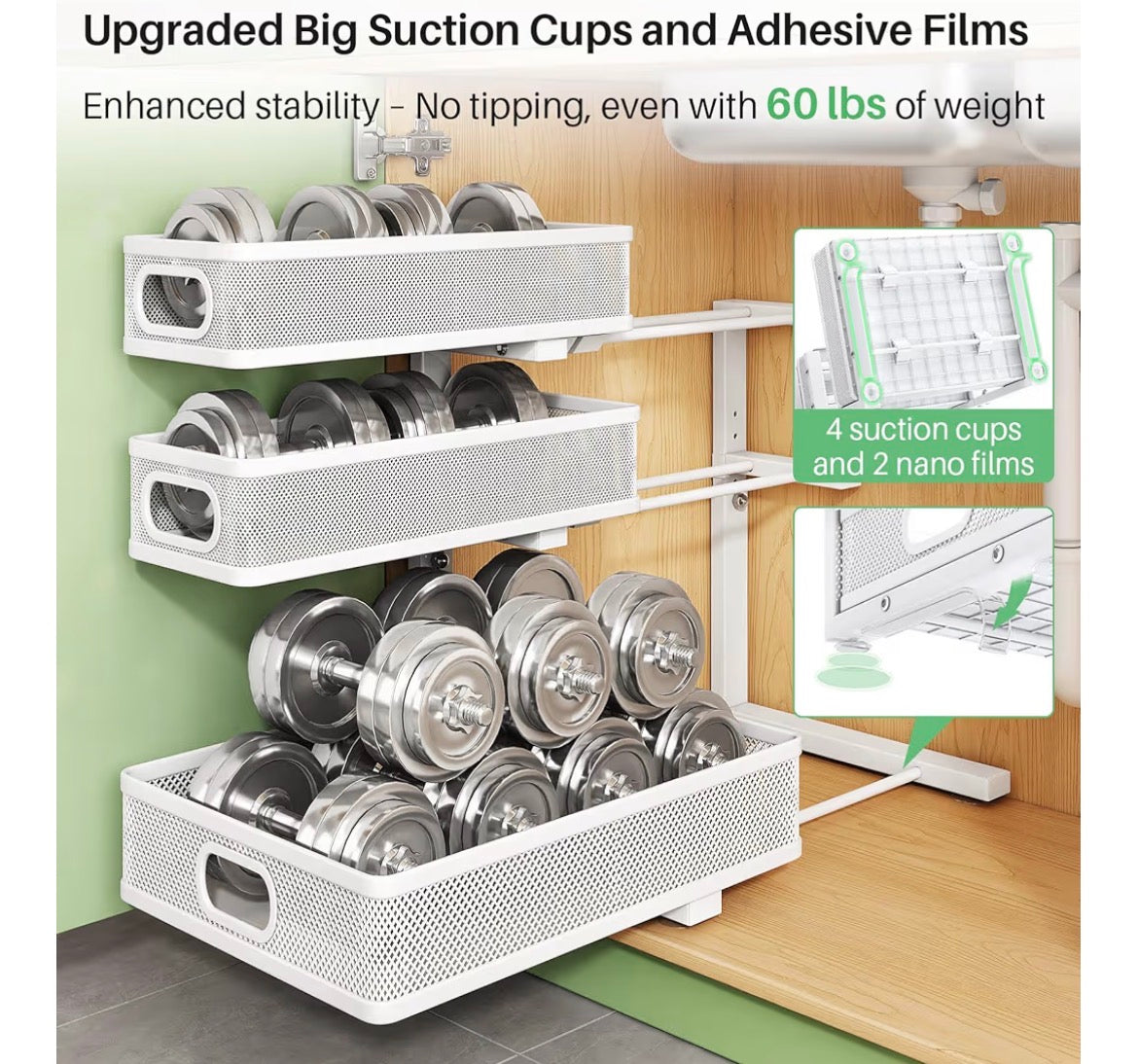 Metal Adjustable Height Two-Tier Drawer Kitchen Bathroom Under Sink Storage Rack